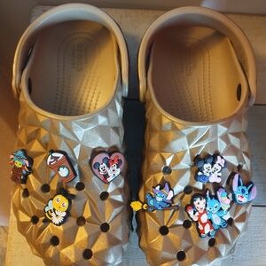 CROCS Kids Metallic Gold Clogs with Cartoon Jibbitz Charms